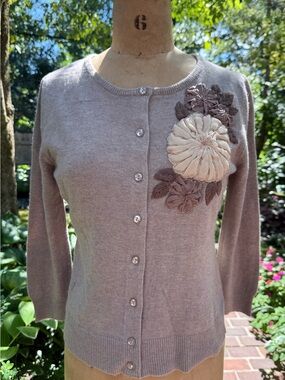 Tabitha Taupe Cardigan with Floral Appliqué